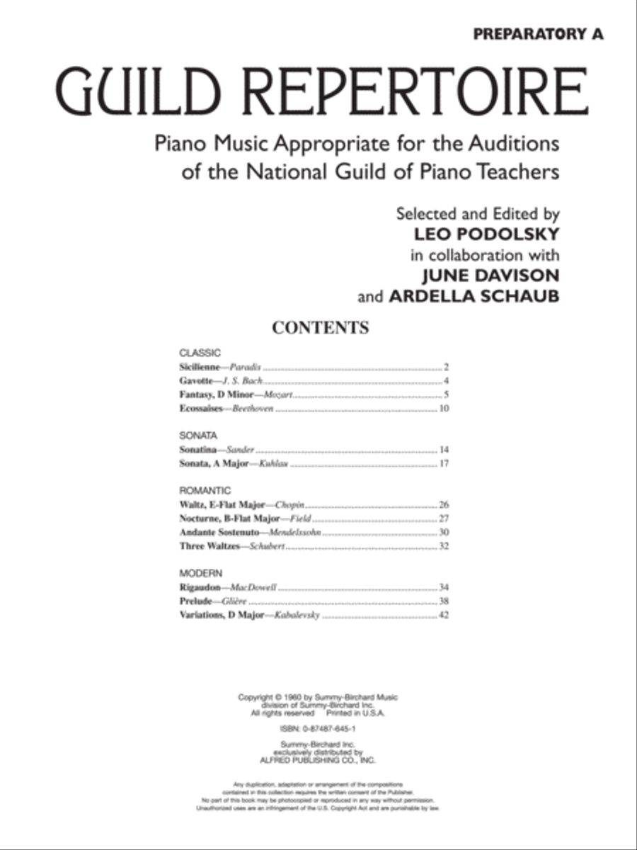 Guild Repertoire -- Piano Music Appropriate for the Auditions of the National Guild of Piano Teachers