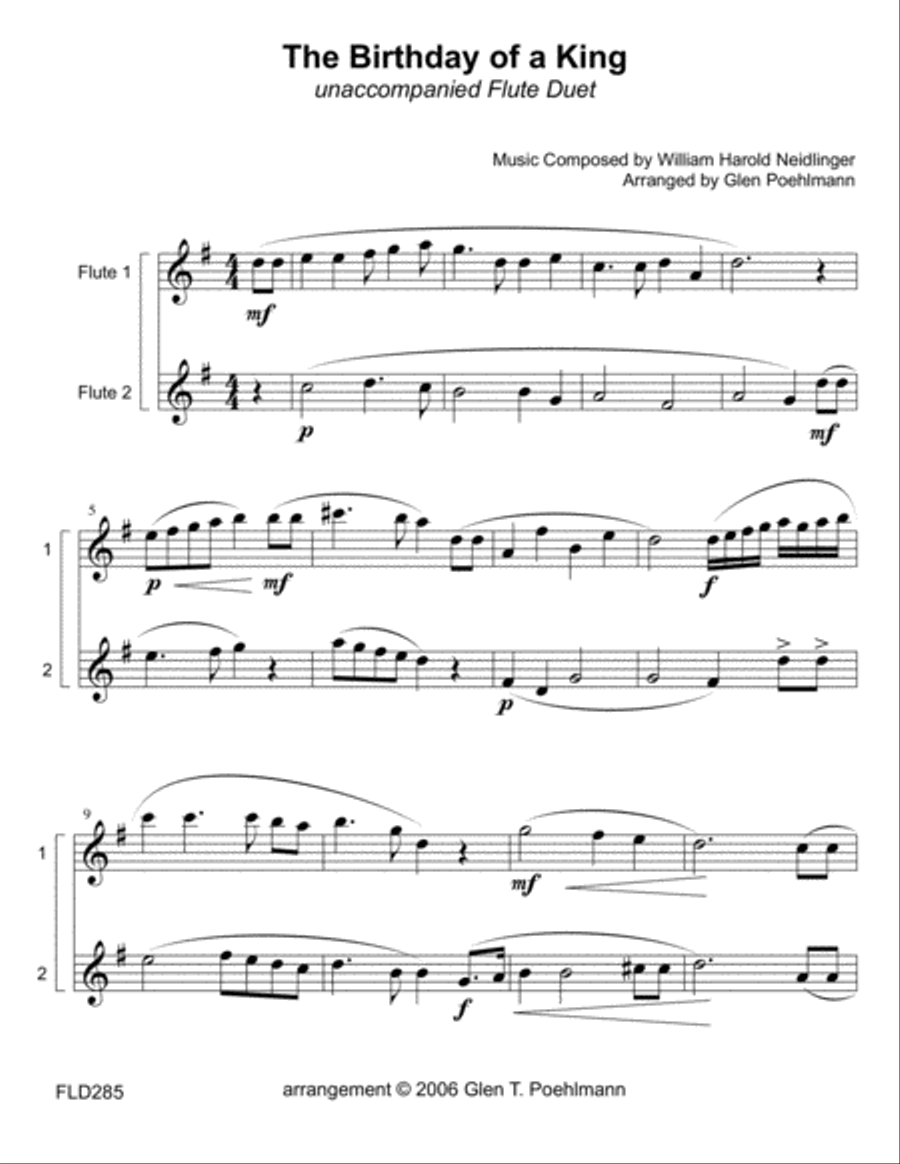THE BIRTHDAY OF A KING - unaccompanied FLUTE DUET Flute Duet scores gallery preview page 1