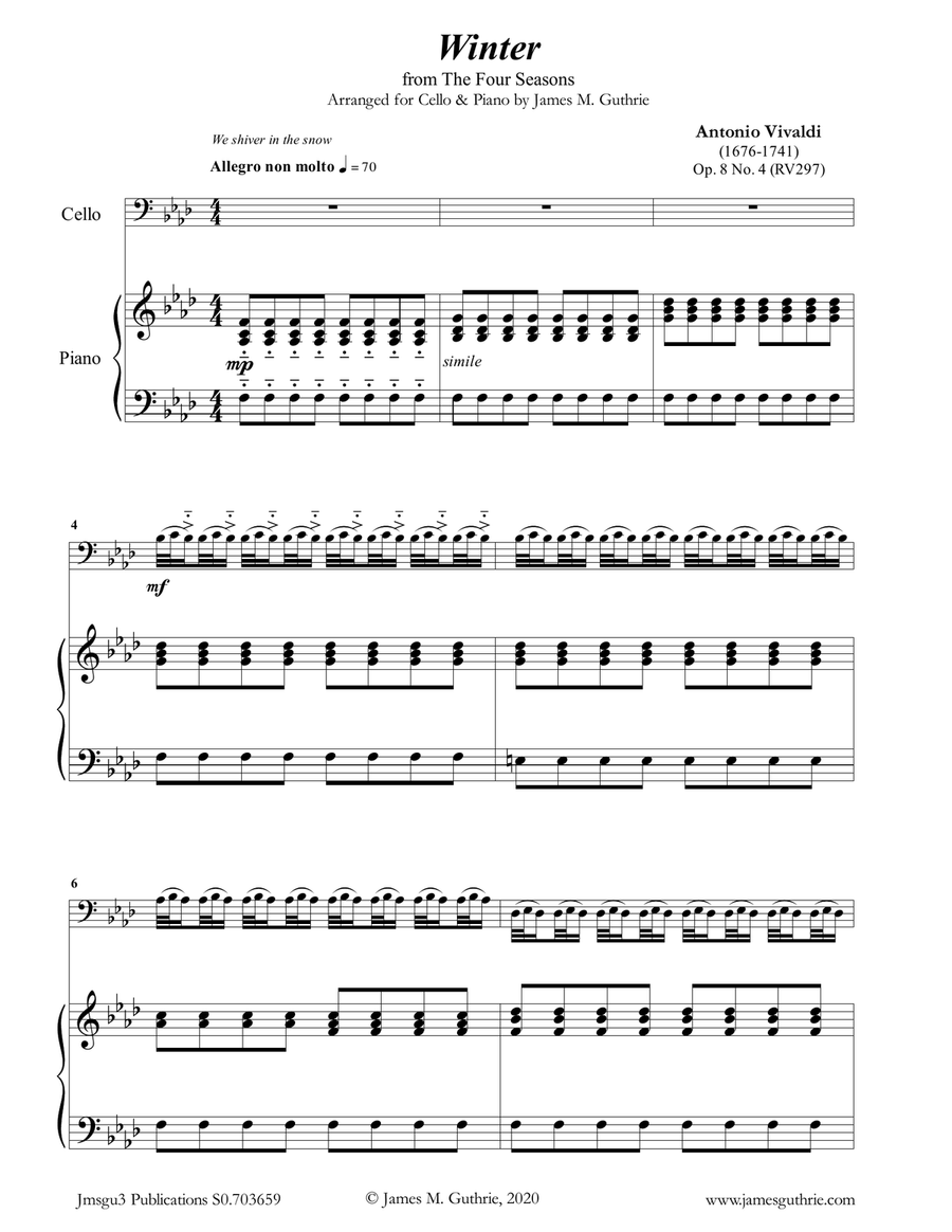 Vivaldi: Winter from the Four Seasons for Cello & PIano Piano Accompaniment scores gallery preview page 1