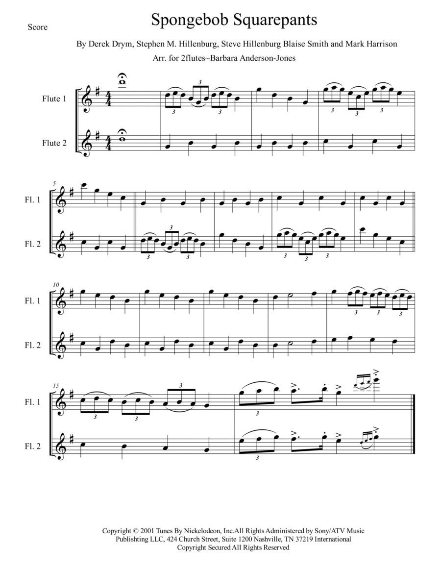 Spongebob Squarepants Theme Song Flute Duet scores gallery preview page 1