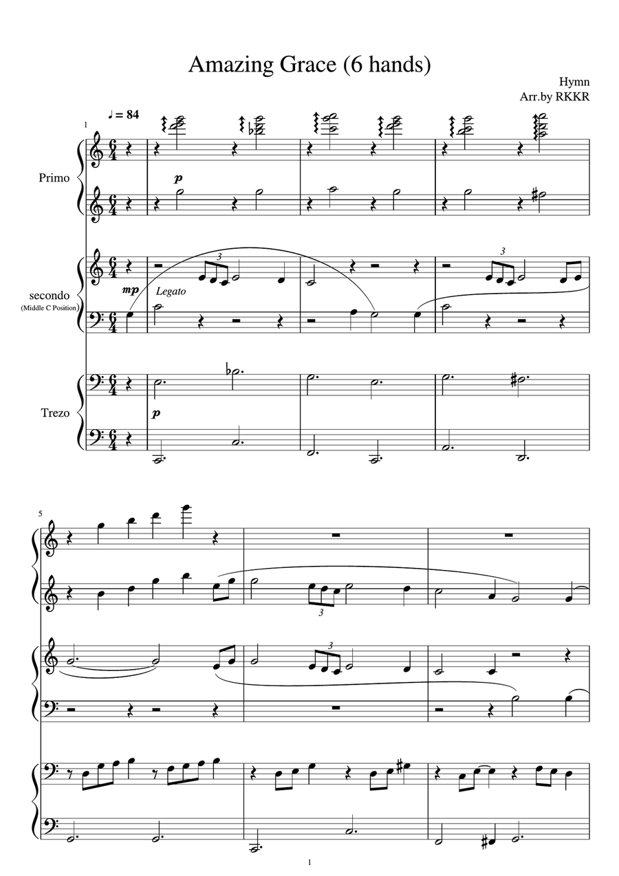 Amazing Grace (6 hands) Small Ensemble scores gallery preview page 1