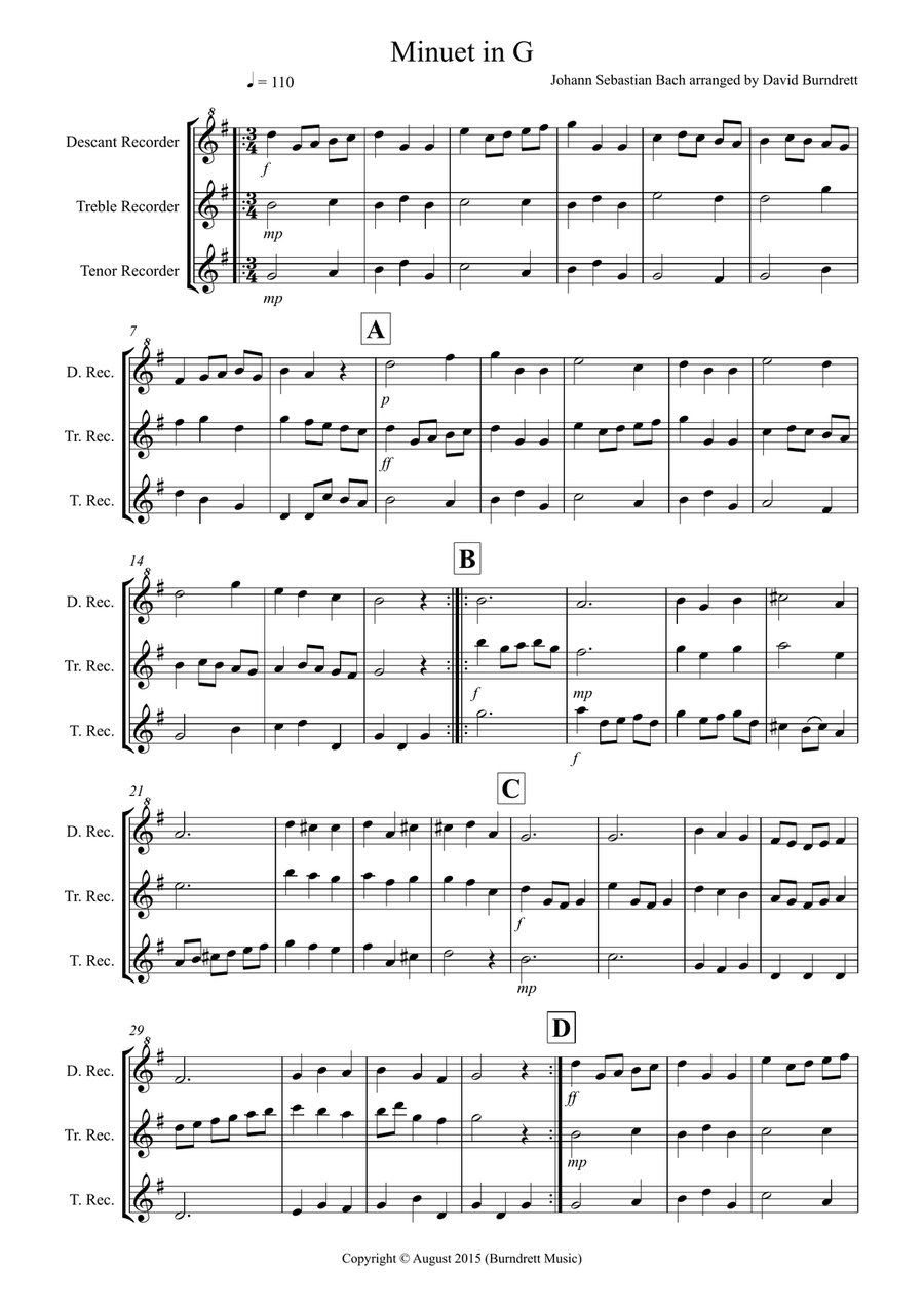 Minuet in G by Bach for Recorder Trio Recorder scores gallery preview page 1