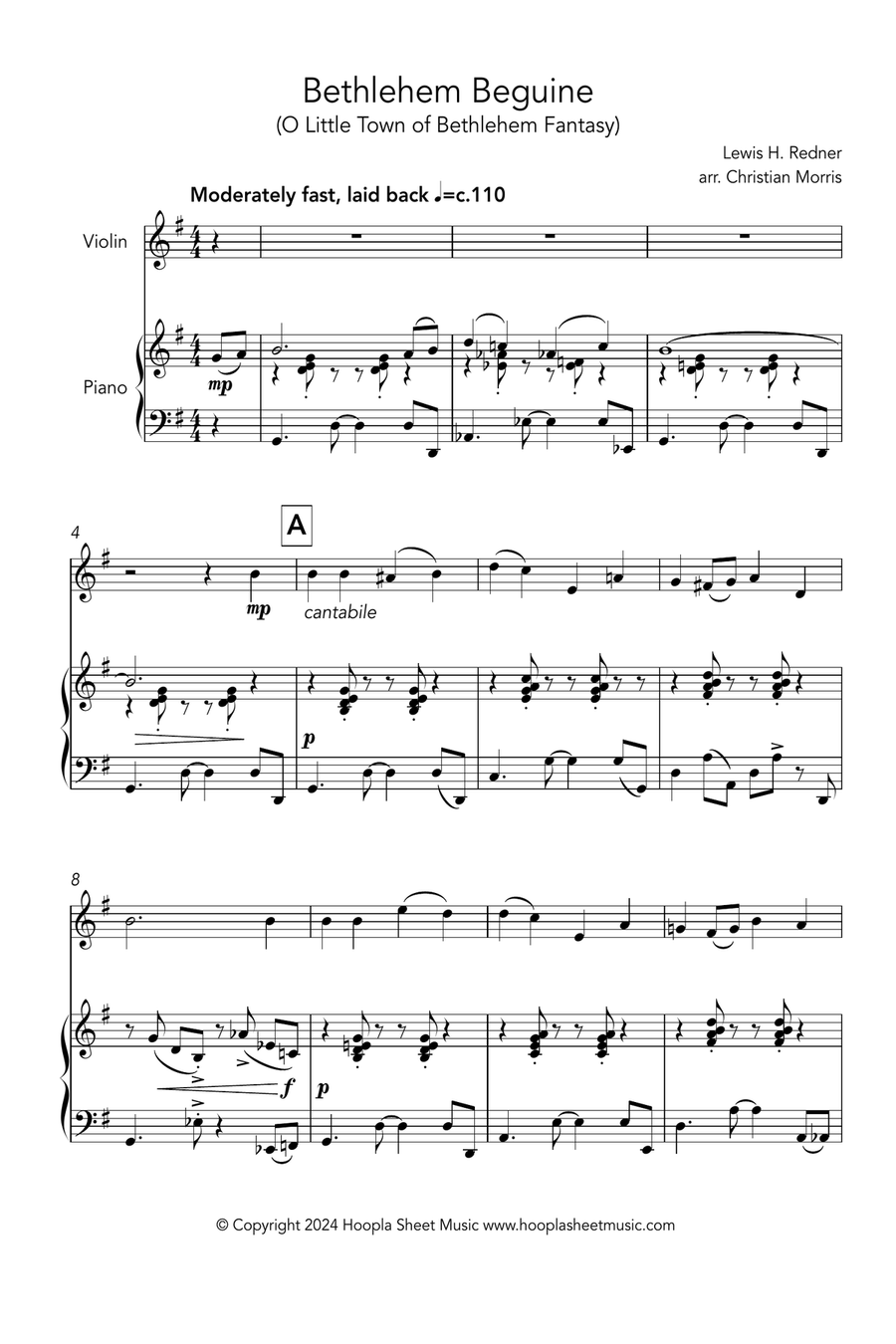 Bethlehem Beguine (O Little Town of Bethlehem Fantasy) Violin Solo scores gallery preview page 1