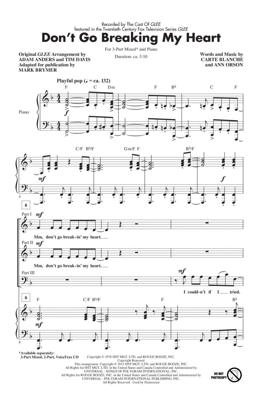 Don't Go Breaking My Heart (arr. Mark Brymer) 3-Part scores gallery preview page 1