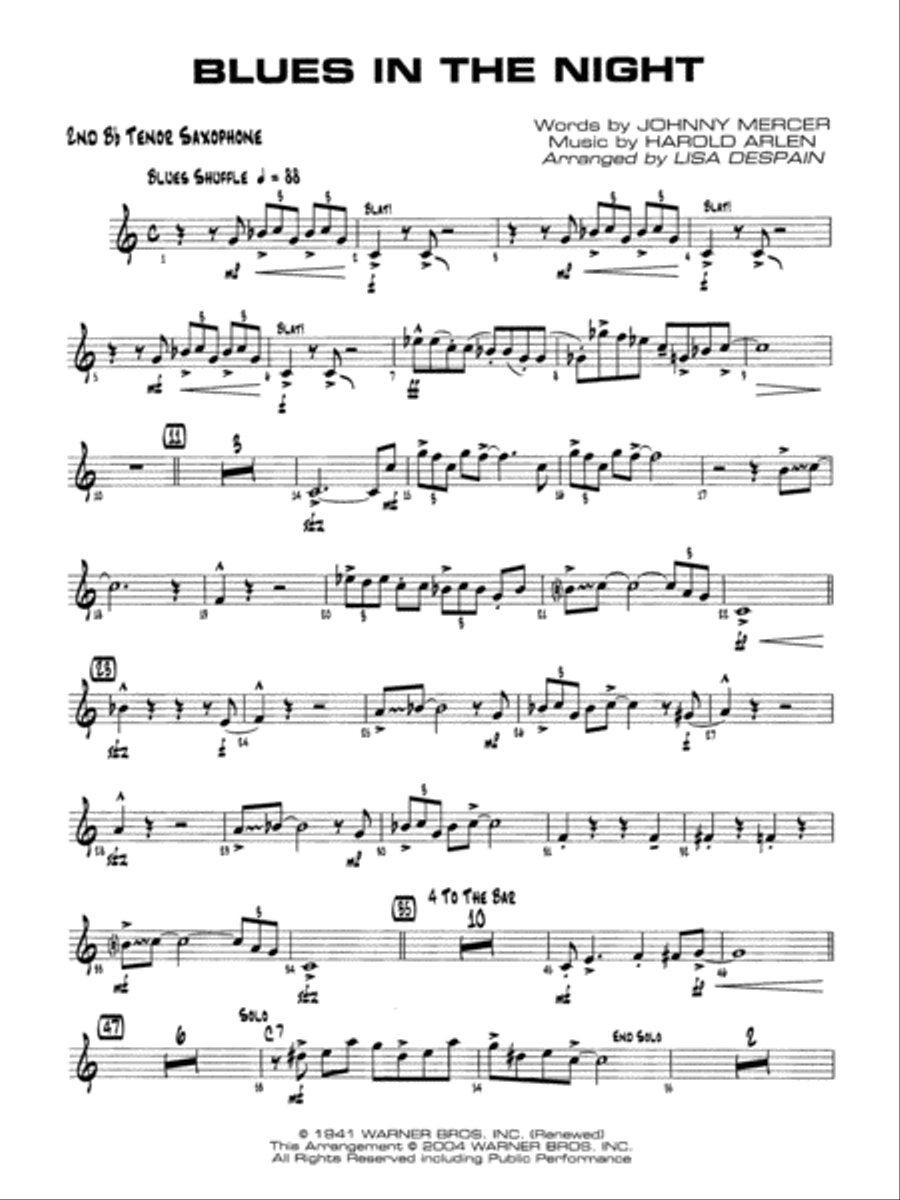 Blues in the Night: 2nd B-flat Tenor Saxophone Jazz Ensemble scores gallery preview page 1