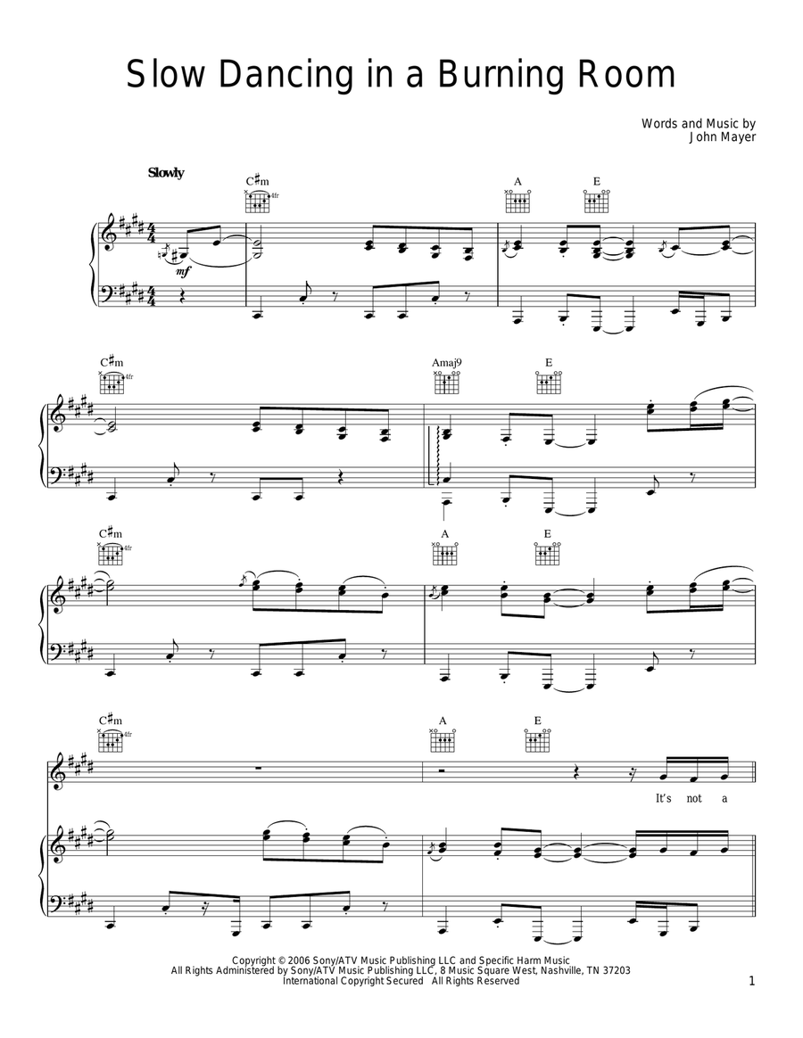 Slow Dancing In A Burning Room Piano, Vocal, Guitar scores gallery preview page 1
