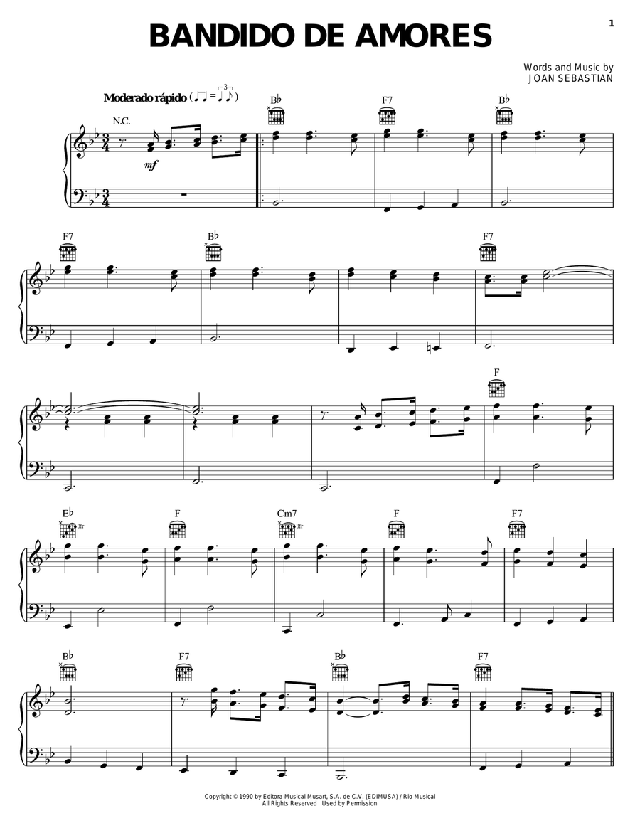Bandido De Amores Piano, Vocal, Guitar scores gallery preview page 1