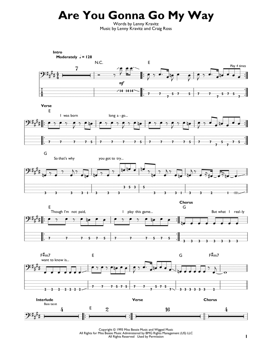 Are You Gonna Go My Way Bass Guitar scores gallery preview page 1