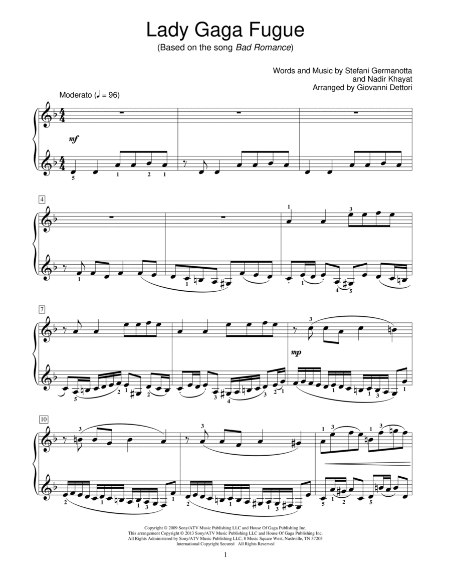 Lady Gaga Fugue Lady Gaga Fugue Piano Method scores gallery preview page 1