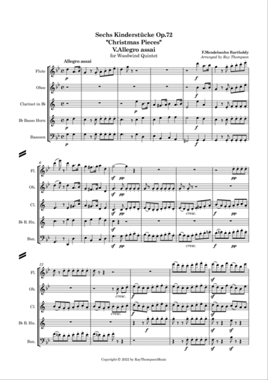 Mendelssohn: Sechs Kinderstücke (6 Christmas Pieces) Op.72 No.5 of 6 Allegro assai - wind quintet Woodwind Quintet scores gallery preview page 2