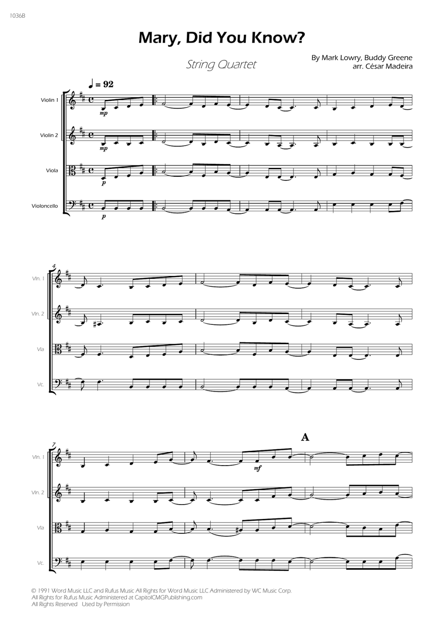 Mary, Did You Know? - Score Only String Quartet scores gallery preview page 1