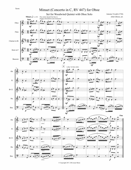 Minuet - Oboe Concerto RV447 - set for woodwind quintet image number null