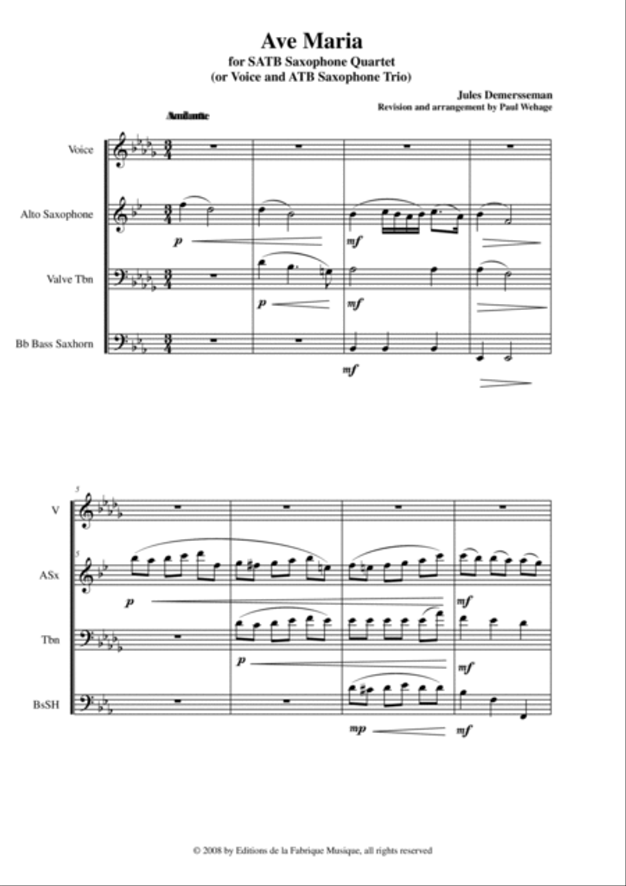 Jules Demersseman : Ave Maria for medium voice, alto saxophone, valve trombone and Bb bass saxhorn