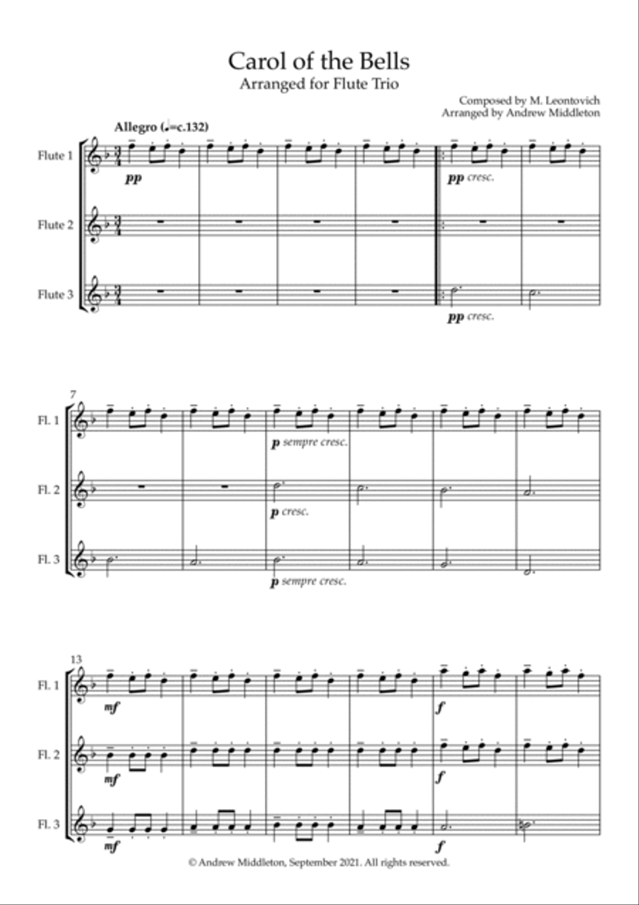 Carol of the Bells arranged for Flute Trio Flute Trio scores gallery preview page 3