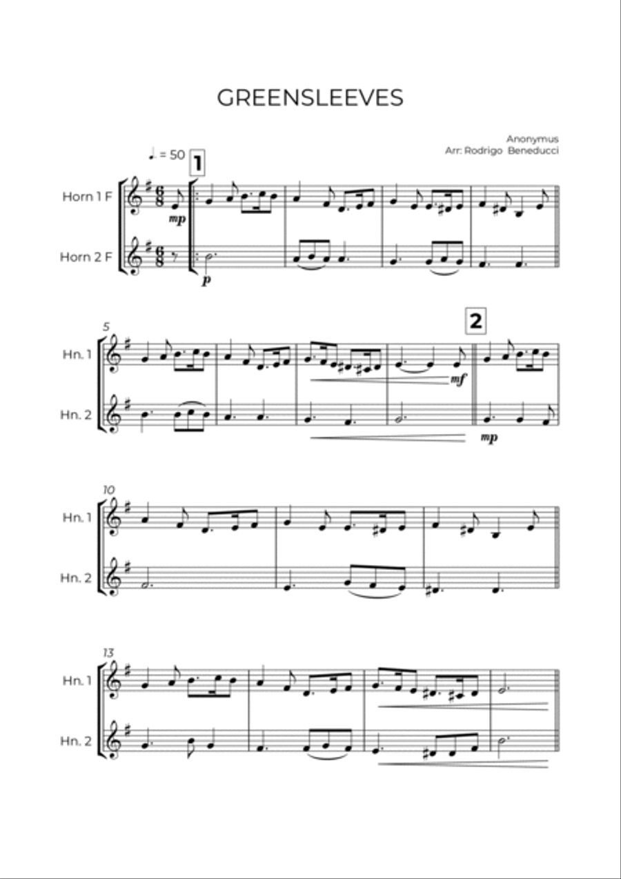 GREENSLEEVES - ANONYMUS - HORN DUET GREENSLEEVES - ANONYMUS - HORN DUET Brass Duet scores gallery preview page 2