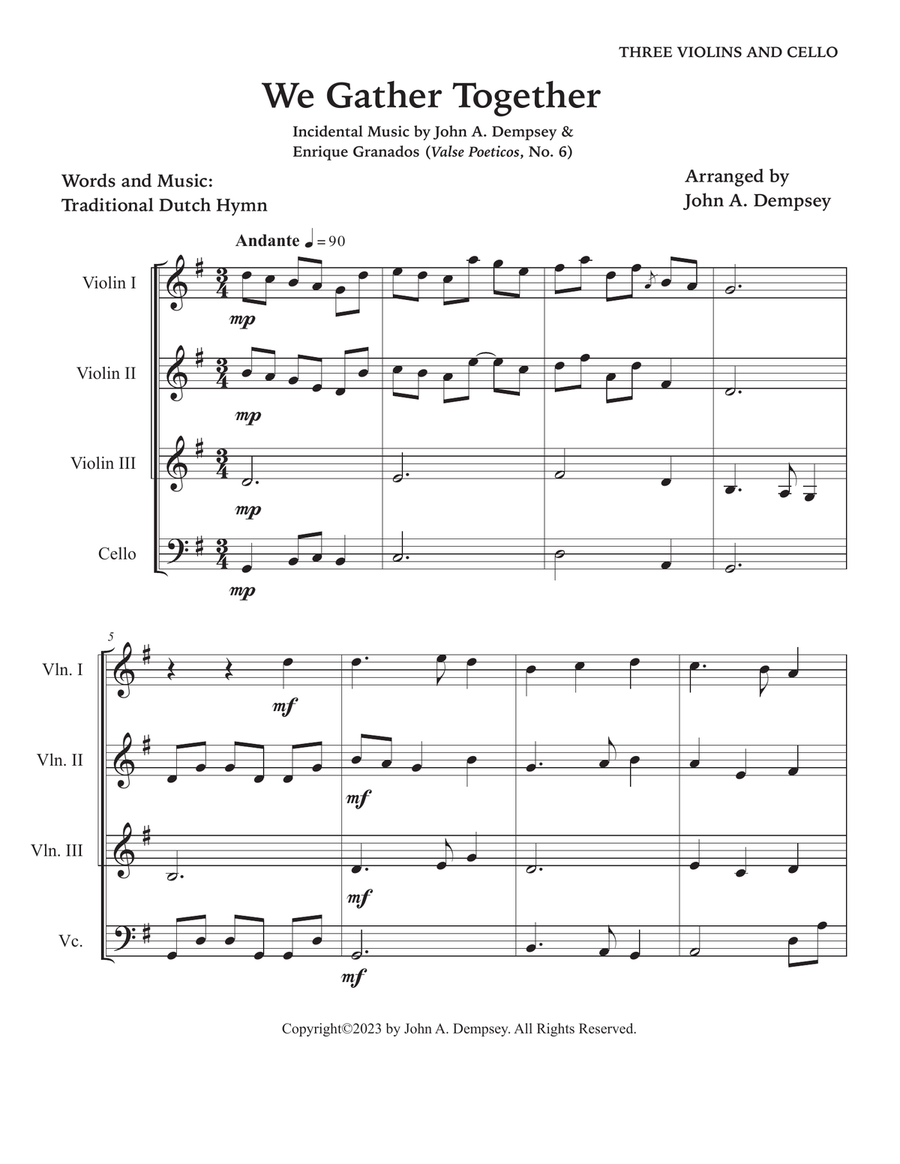 We Gather Together (String Quartet): Three Violins and Cello String Quartet scores gallery preview page 5