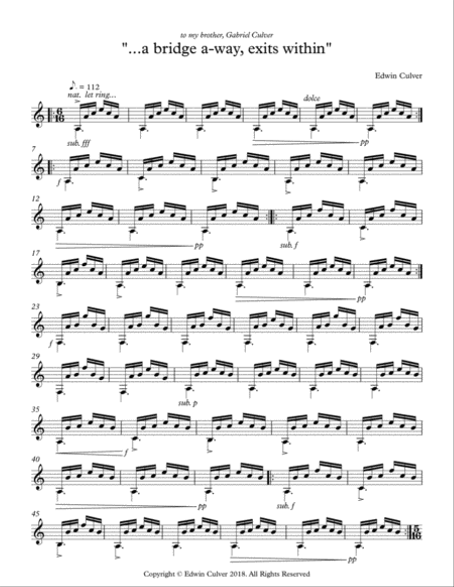 Edwin Culver: a bridge a-way, exits within (for solo guitar) Classical Guitar scores gallery preview page 1