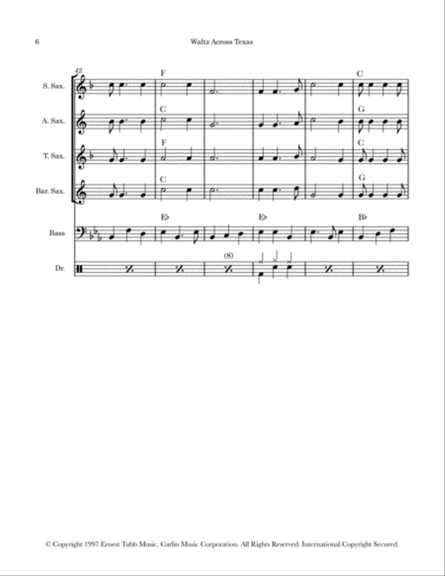 Waltz Across Texas Saxophone Quartet scores gallery preview page 6