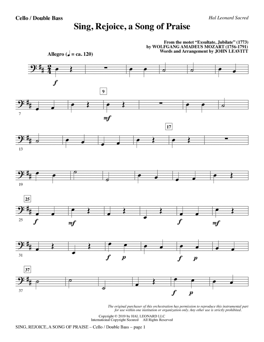 Sing, Rejoice A Song Of Praise (arr. John Leavitt) - Cello/Double Bass Choir scores gallery preview page 1