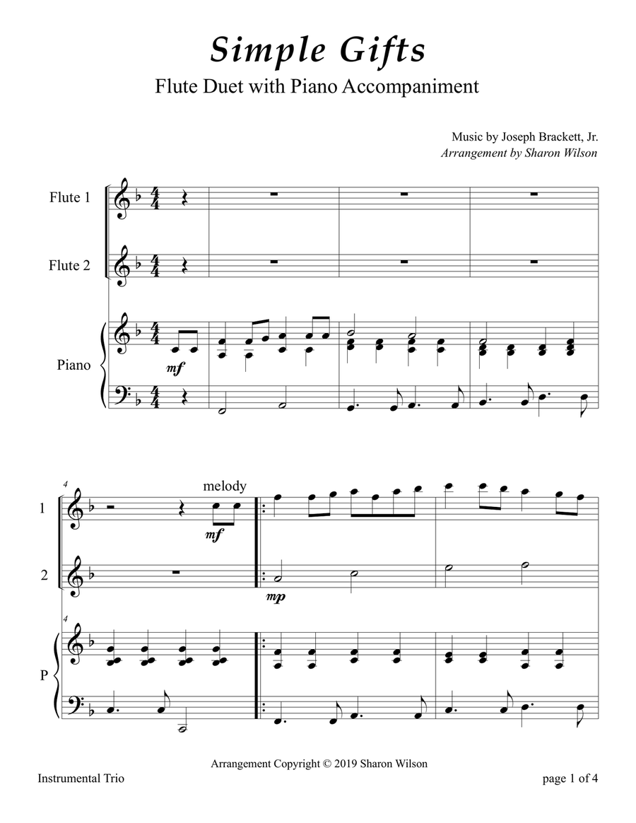 Simple Gifts (Easy Flute Duet with Piano accompaniment) Flute Duet scores gallery preview page 3