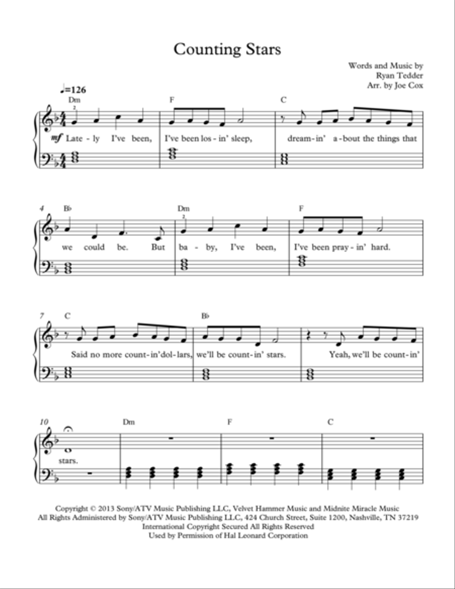 Counting Stars Piano, Vocal, Guitar scores gallery preview page 1