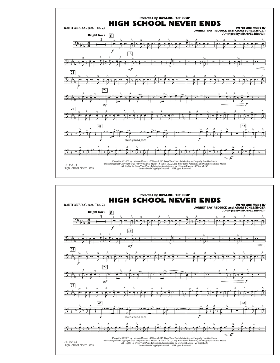 High School Never Ends - Baritone B.C. (Opt. Tbn. 2) Marching Band scores gallery preview page 1