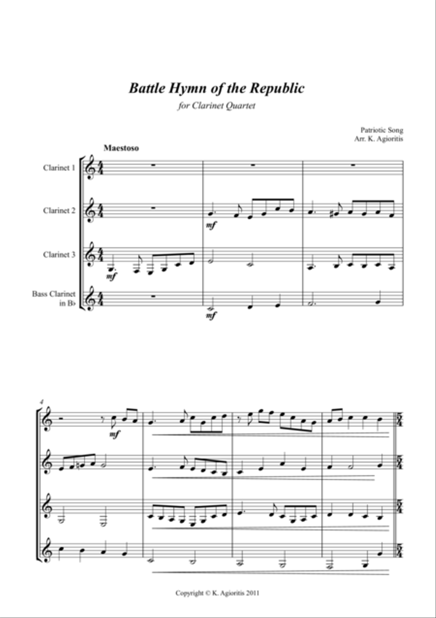 Battle Hymn of the Republic - a Jazz Arrangement - for Clarinet Quartet Clarinet Quartet scores gallery preview page 1
