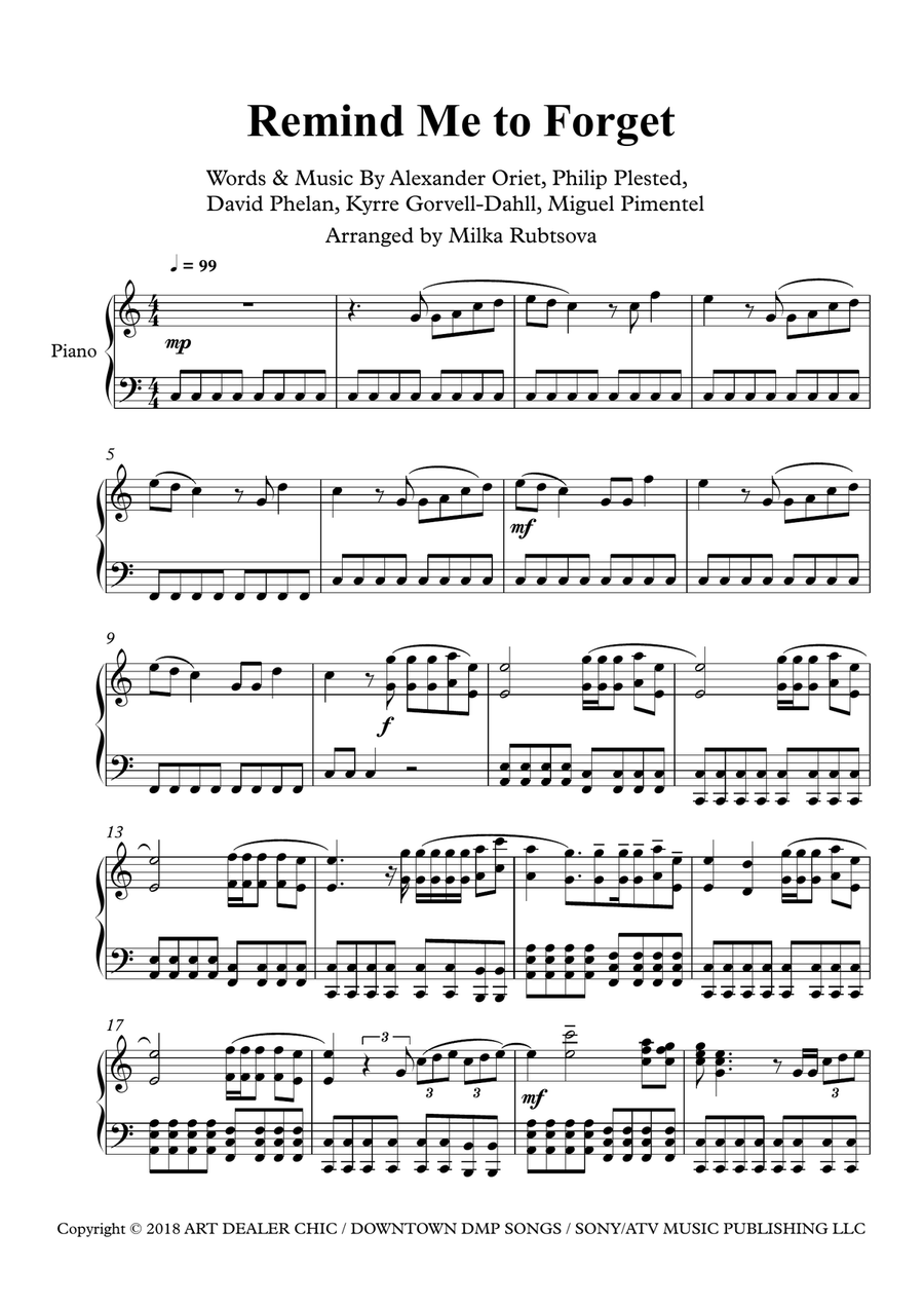 Remind Me To Forget Piano Solo scores gallery preview page 1