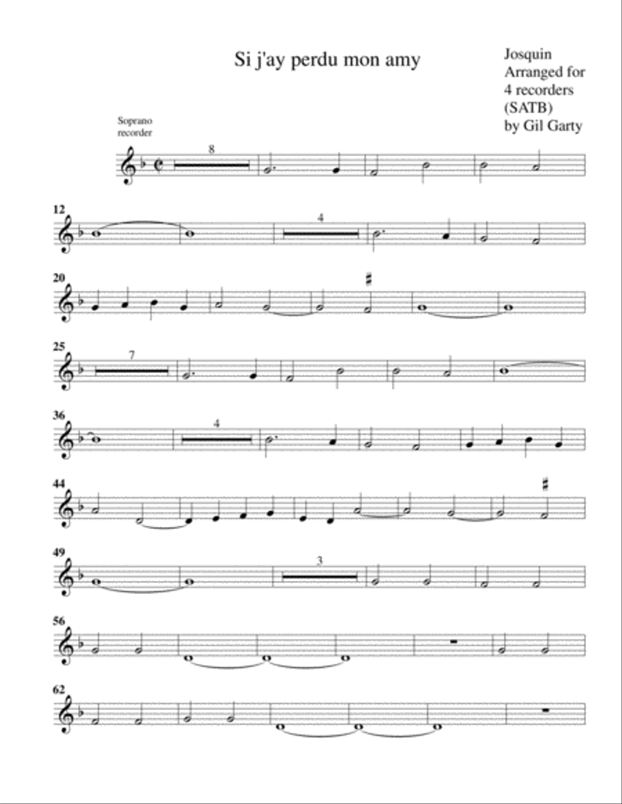 Si j'ay perdu mon amy (arrangement for 4 recorders) Recorder scores gallery preview page 3