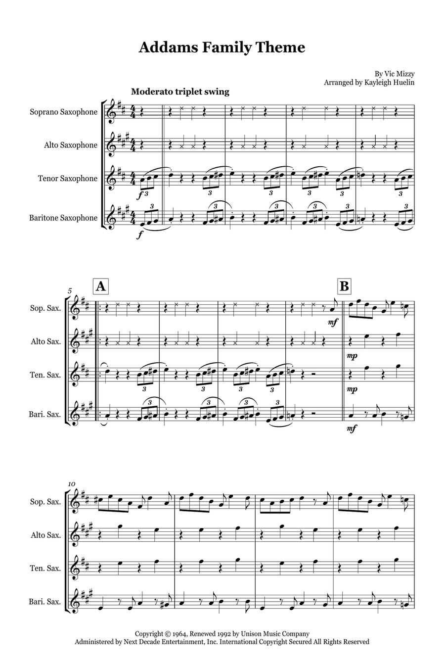 Addams Family Theme Saxophone Quartet scores gallery preview page 1