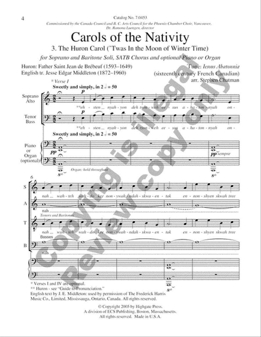 Carols of the Nativity: 3. The Huron Carol (Choral Score) image number null