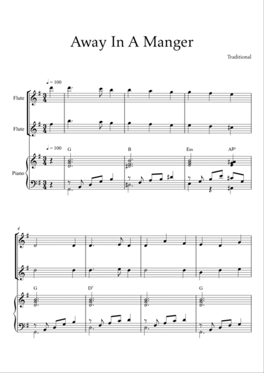Traditional - Away In a Manger (Trio Piano and Two Flutes) with chords Small Ensemble scores gallery preview page 2
