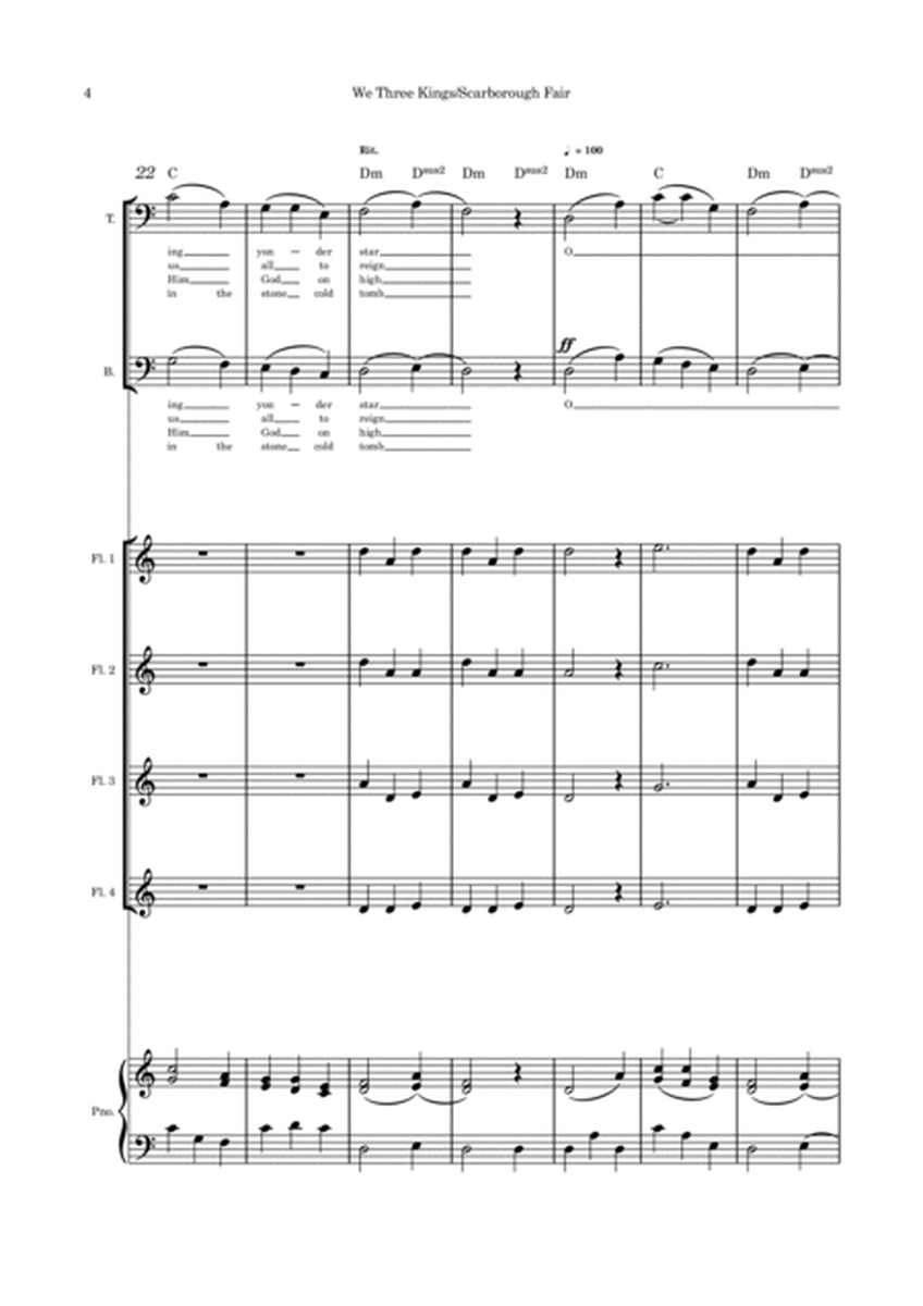 We Three Kings/Scarborough Fair - TB duet flute quartet and piano image number null