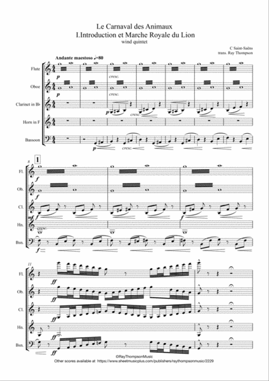 Saint-Saëns: The Carnival of the Animals -I.Introduction et Marche Royal - wind quintet Woodwind Quintet scores gallery preview page 1