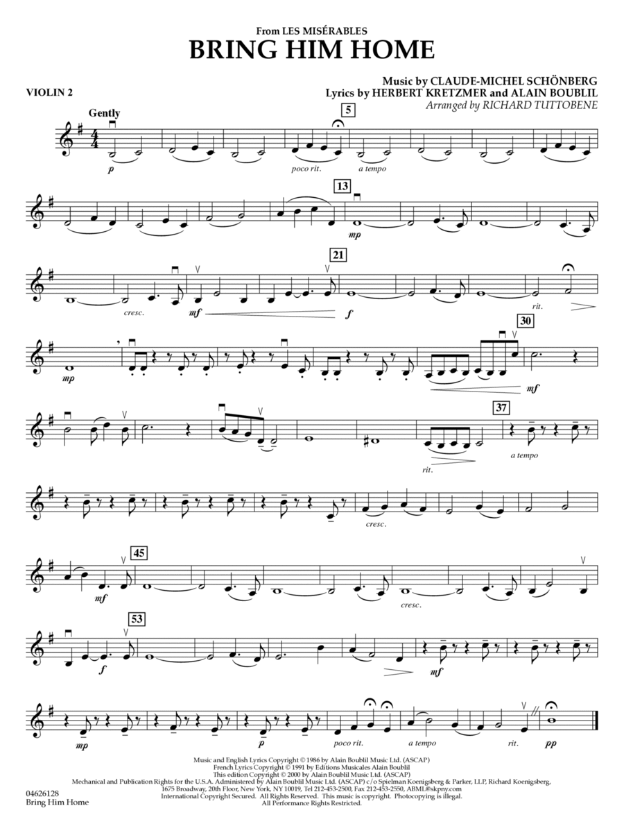 Bring Him Home (from Les Misérables) (arr. Richard Tuttobene) - Violin 2
