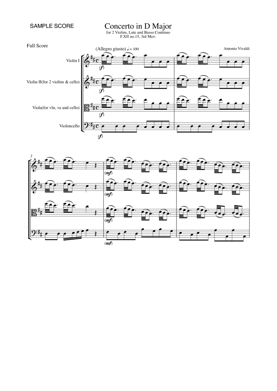 CONCERTO IN D MAJOR FOR 2 VIOLINS, LUTE AND BASSO CONTINUO, F.XII NO.15, 3rd Mov., STRING TRIO String Trio scores gallery preview page 1