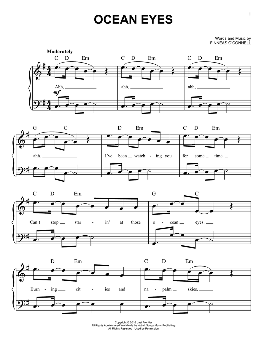 ocean eyes Easy Piano scores gallery preview page 1