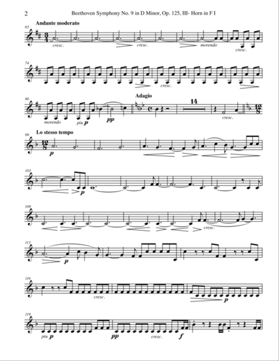 Beethoven Symphony No. 9, Movement III - Horn in F 1 (Transposed Part), Op. 125 Horn Solo scores gallery preview page 2