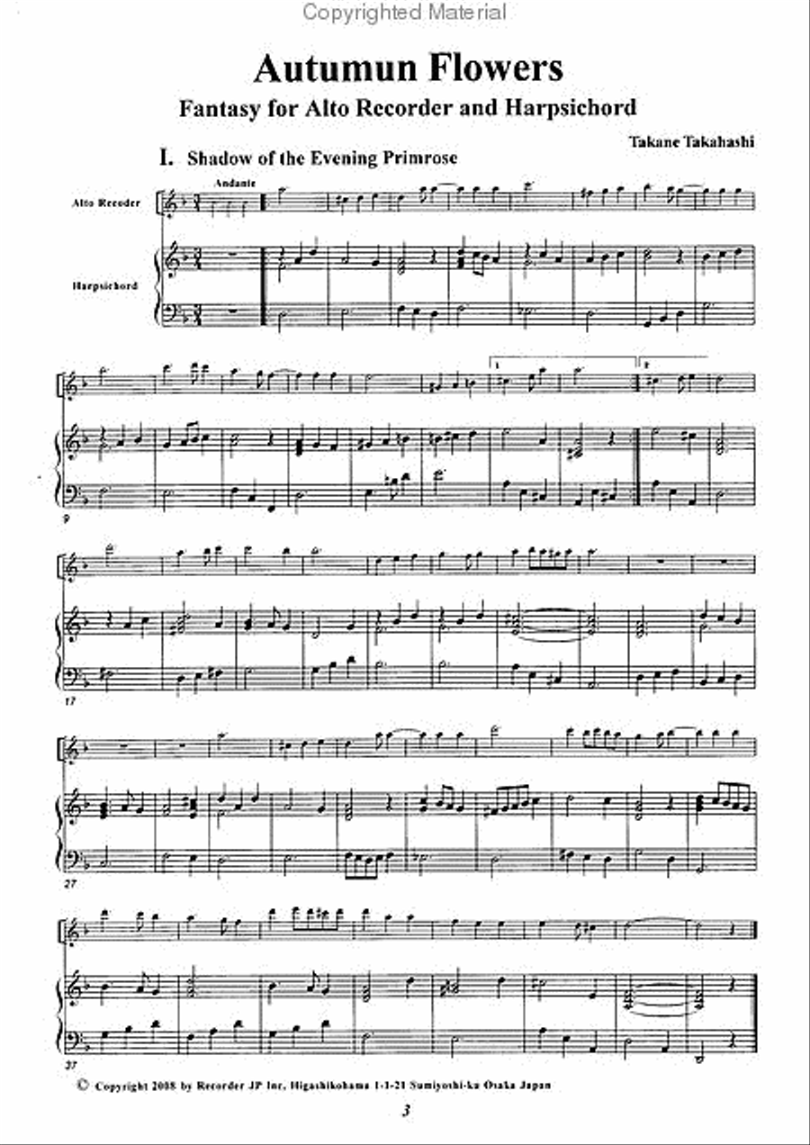 Autumn Flowers --Fantasy for Alto Recorder and Harpsichord Alto Recorder scores gallery preview page 3