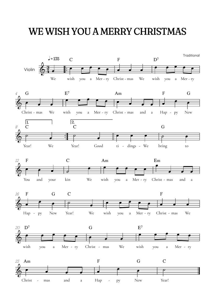 We Wish You a Merry Christmas for violin • easy Christmas sheet music with chords and lyrics Violin Solo scores gallery preview page 1