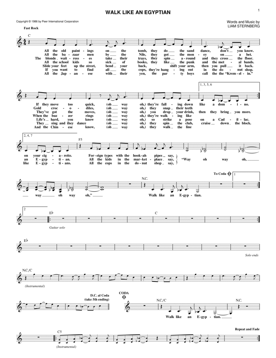 Walk Like An Egyptian Walk Like An Egyptian Piano scores gallery preview page 1