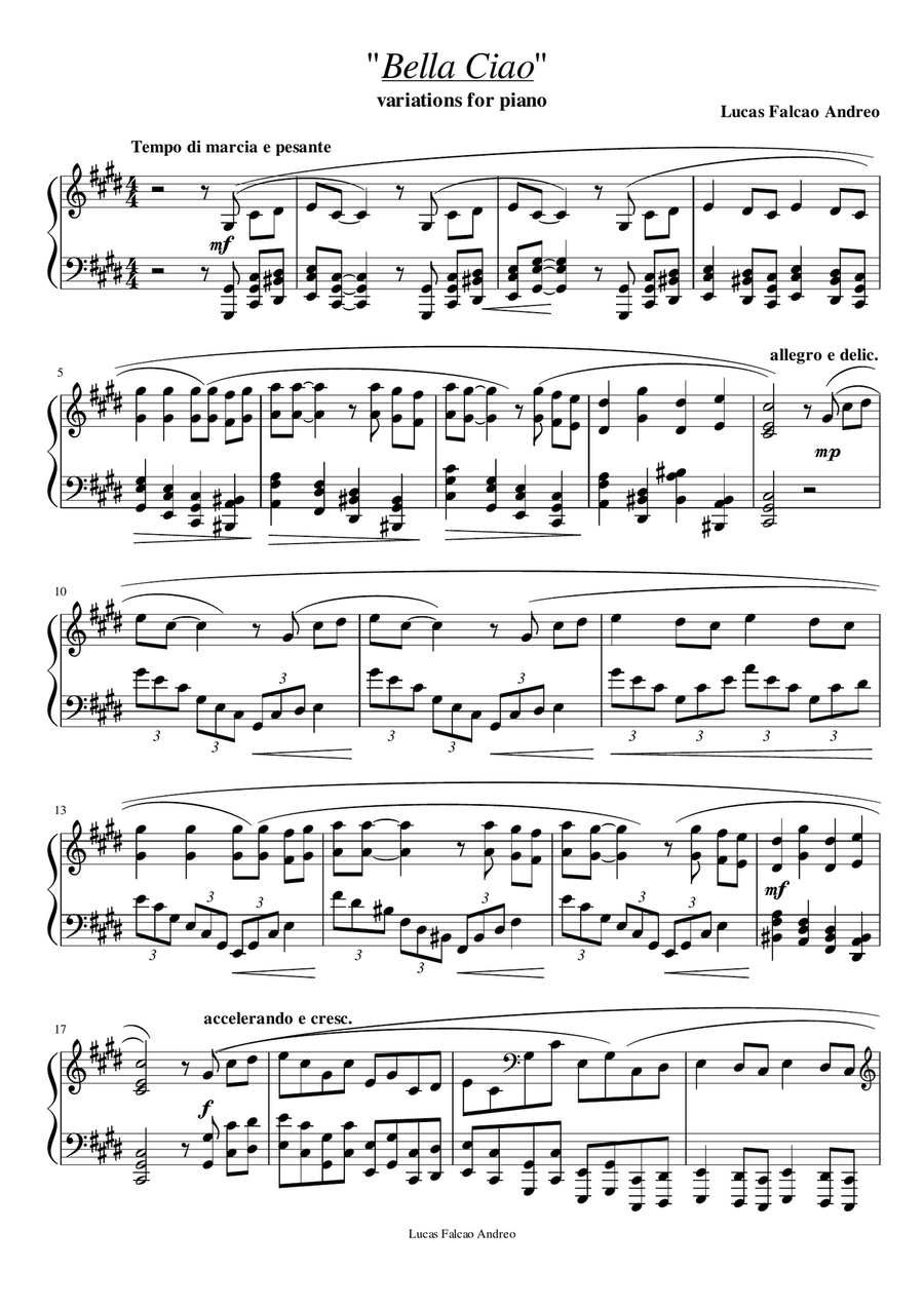 BELLA CIAO Piano Solo Digital Sheet Music Sheet Music Plus