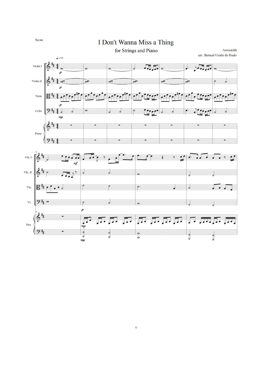 I Don't Want To Miss A Thing Piano Quintet scores gallery preview page 1