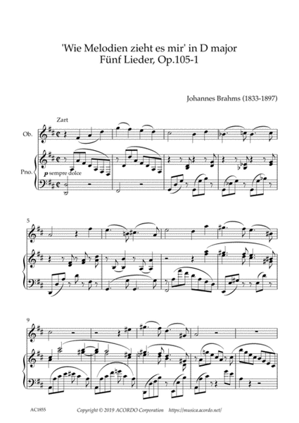 ‘Wie Melodien zieht es mir (It moves like a melody)' Op.105-1 in D Major for Oboe & Piano image number null