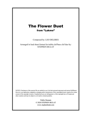 The Flower Duet (from "Lakme") - lead sheet for treble clef and bass clef duo (key of A)