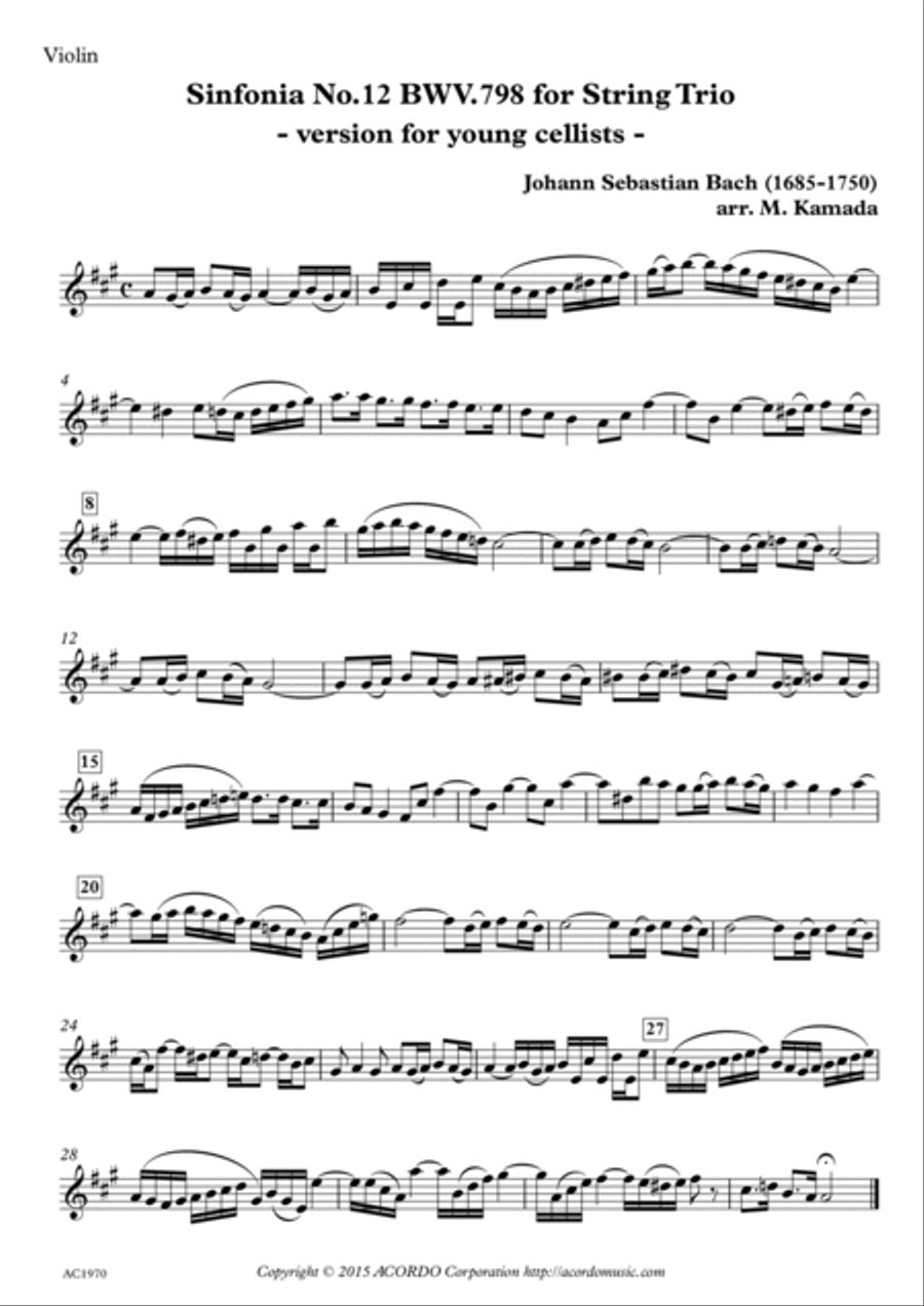 Sinfonia No.12 BWV.798 for String Trio - version for young cellists - String Trio scores gallery preview page 3