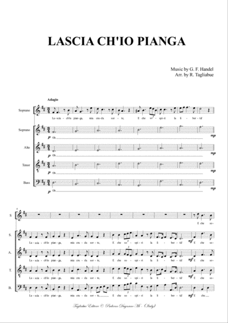 LASCIA CH'IO PIANGA - Handel - Arr. for Solo Soprano voice, and SATB Choir 4-Part scores gallery preview page 2