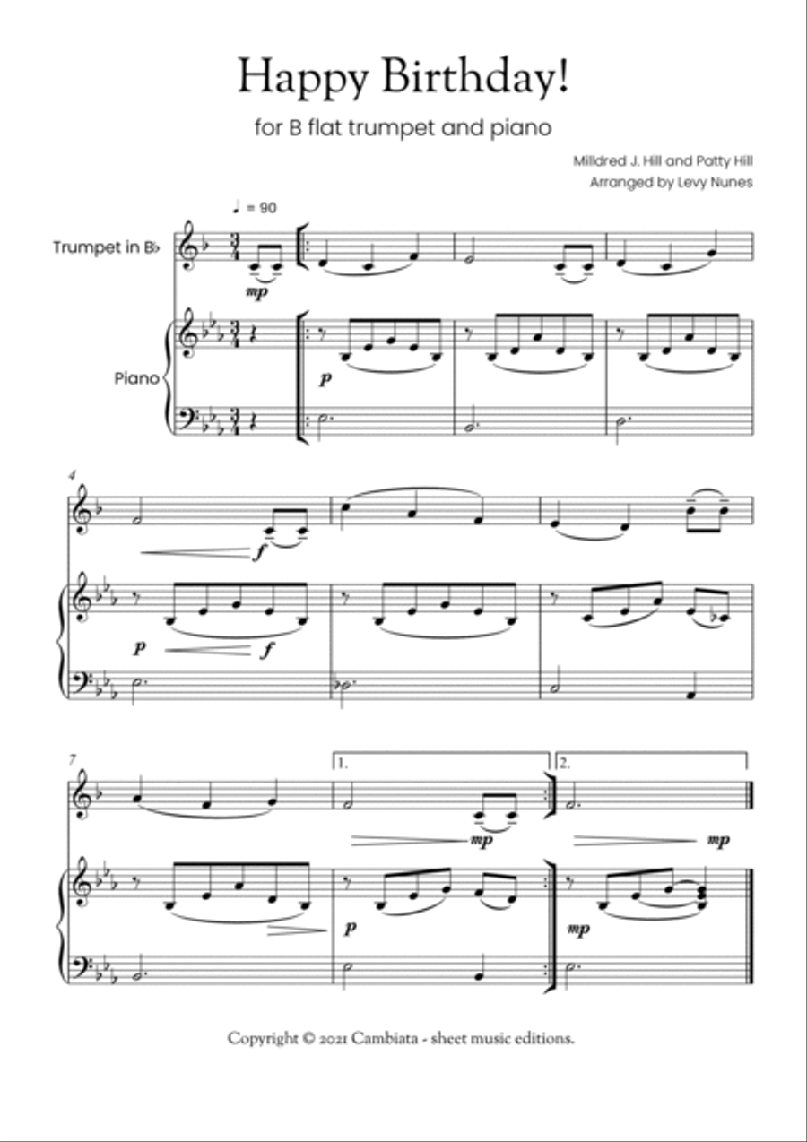 Happy Birthday - For B flat trumpet (solo) and piano (Easy/Beginner) B-Flat Trumpet scores gallery preview page 2