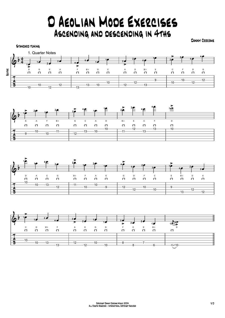D Aeolian Mode Exercises - Ascending and Descending in 4ths Acoustic Guitar scores gallery preview page 1