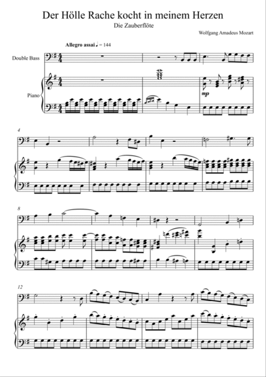 W.A Mozart - Der Hölle Rache kocht in meinem Herzen (Die Zauberflöte) Double Bass Solo - G Key String Duet scores gallery preview page 1